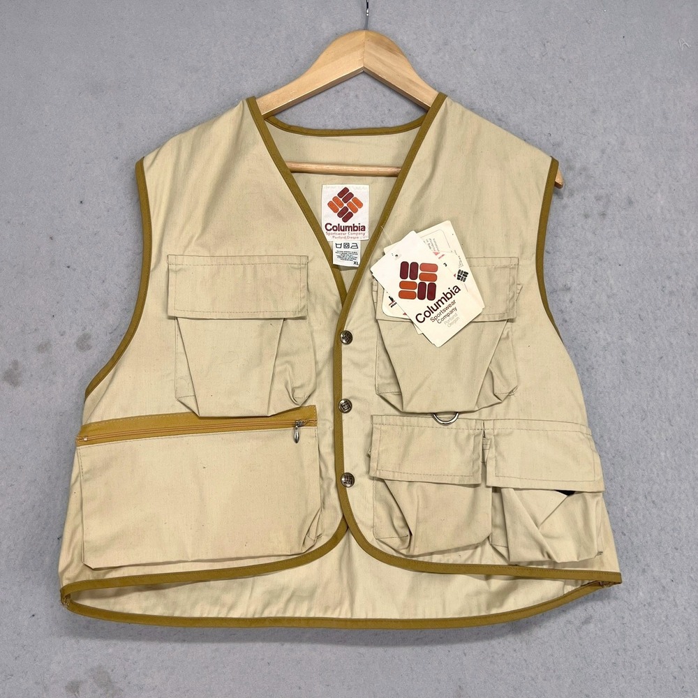 Vintage 70s Columbia Sportswear Utility Fishing Vest Tan XL Cargo Pockets NWT